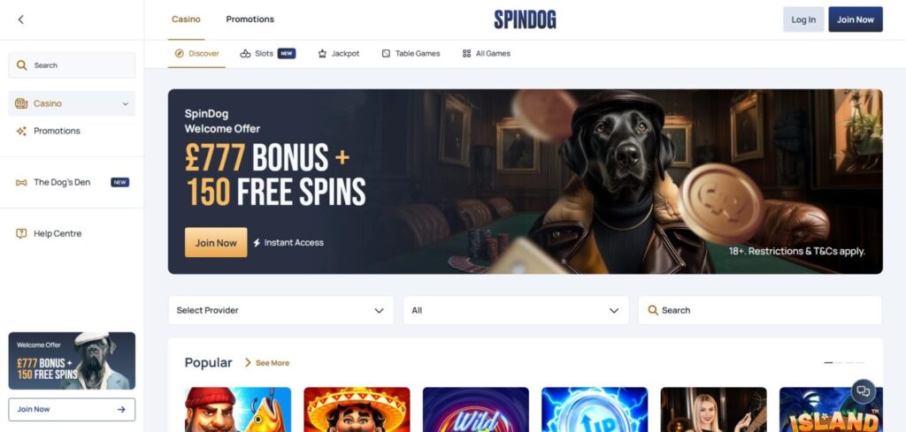 Explore Spindog Casino homepage