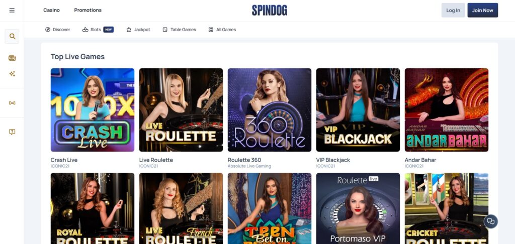 Explore Spindog Casino live games